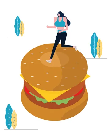 大きなハンバーガーの上で走るスポーツウーマン  イラスト