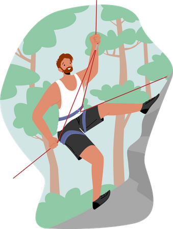 Un sportif extrême escalade une montagne avec une corde  Illustration