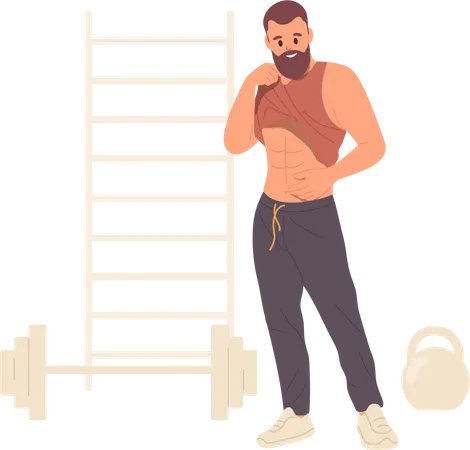 Homme hipster sportif se vantant de ses muscles abdominaux forts après un exercice d'entraînement physique à la salle de sport  Illustration
