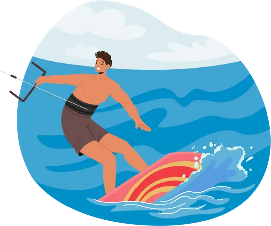 Sportif kite surf sur les vagues de l'océan  Illustration