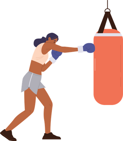 Sportive woman character wearing gloves boxing with punching bag  Illustration