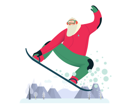 Der sportliche Weihnachtsmann hat Spaß beim Snowboarden  Illustration