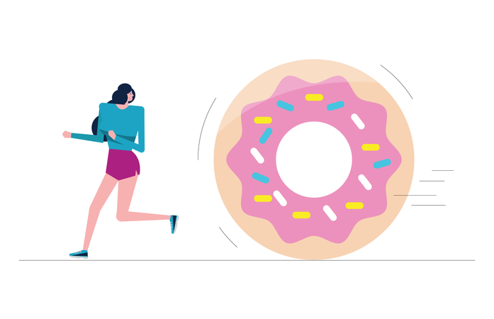 Sportliches Mädchen läuft vor großem Donut davon  Illustration