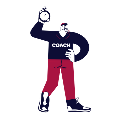 Sports coach holding a stopwatch and blowing a whistle Illustration