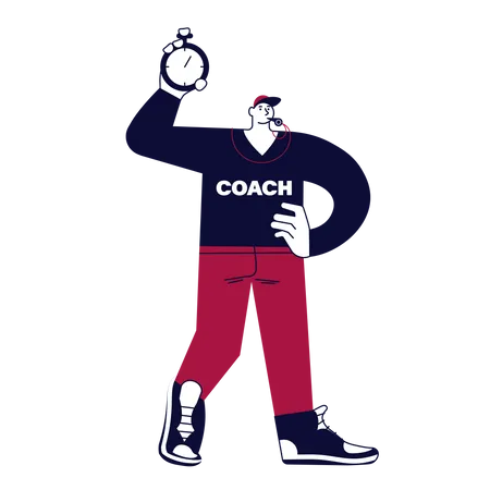 Sports coach holding a stopwatch and blowing a whistle  Illustration