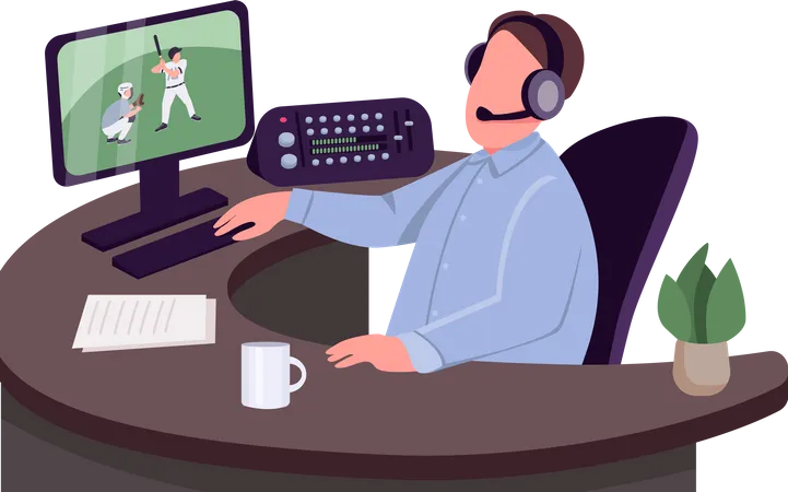 Sports Commentator Flat Color Vector Faceless Character Sportive Event Commentary Isolated Cartoon Illustration For Web Graphic Design And Animation Expert Overviewing Baseball Match Illustration