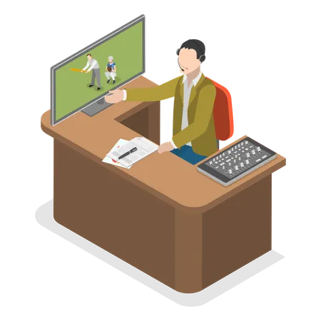 3 D Isometric Flat Vector Conceptual Illustration Of Sports Commentator A Reporter With Headphones Is Reporting A Football Event Illustration