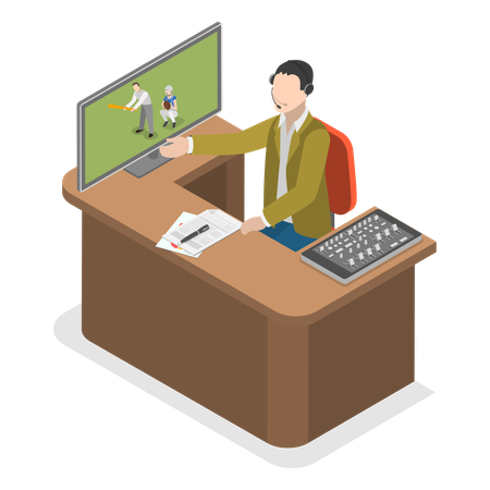 Sports Commentator Reporter with Headphones Reporting  Football Event  Illustration