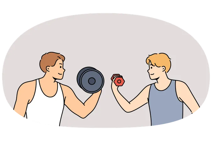 Sports competition between men lifting dumbbells with different weights  Illustration