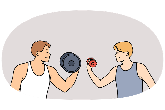 Sports competition between men lifting dumbbells with different weights  Illustration
