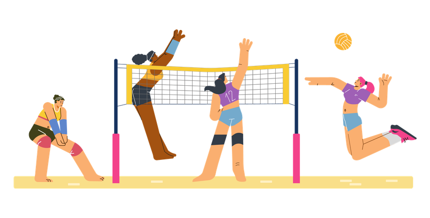 Jeu de sport d'équipe : femmes jouant au volley-ball sur le terrain  Illustration