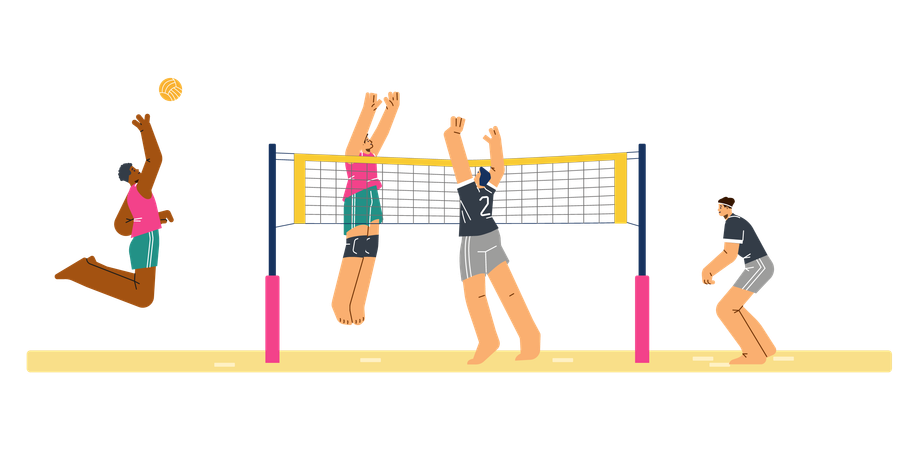 Jeu de sport d'équipe : des hommes jouent au volley-ball sur le terrain  Illustration