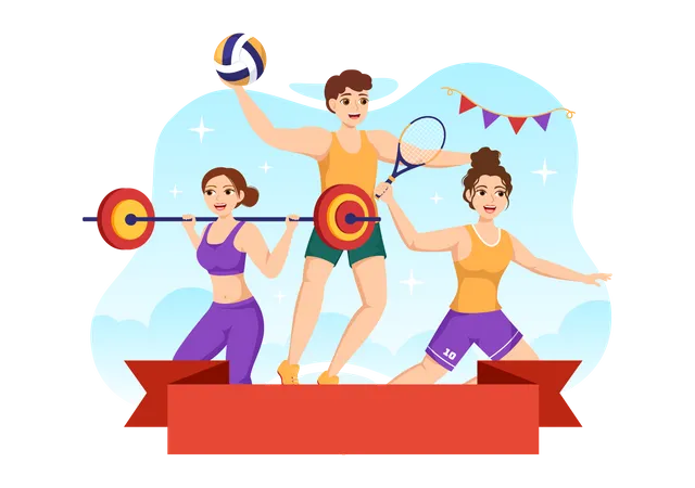National Sports Day Vector Illustration With Sportsperson From Different Sport In Flat Cartoon Hand Drawn Landing Page Background Templates Illustration
