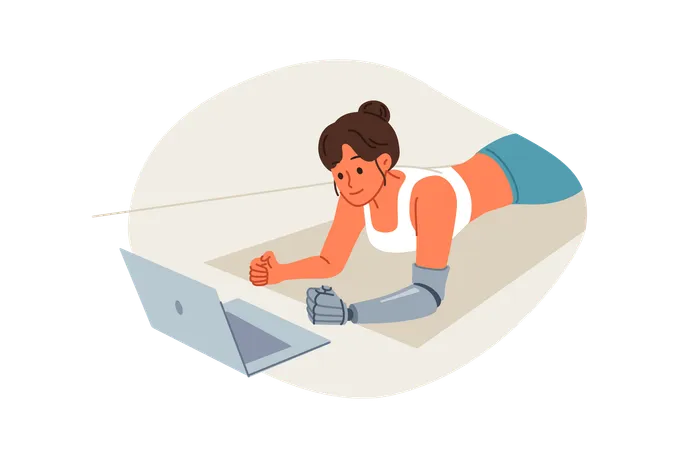 Sports woman with prosthetic arm trains at home and watches video lesson lying on floor in plank  Illustration
