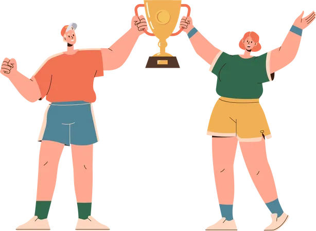 Sportsman and sportswoman celebrating victory in championship tournament  Illustration