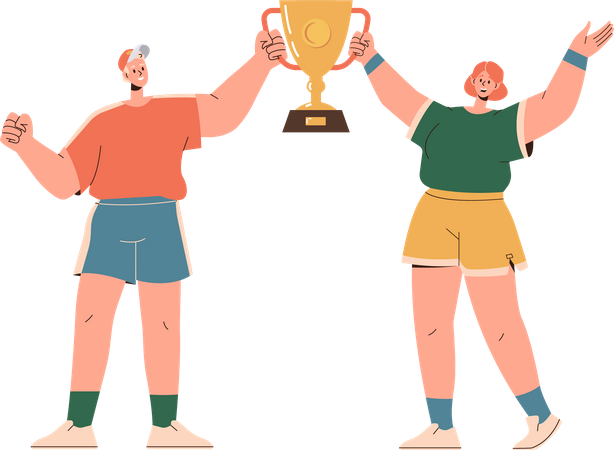 Sportsman and sportswoman celebrating victory in championship tournament  Illustration