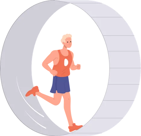 Sportsman Athlete Cartoon Character Trapped In Rat Race Isolated On White Background Vector Illustration Of Exhausted Man Jogger Running Fast In Wheel Searching Exit From Toxic Daily Routine Illustration