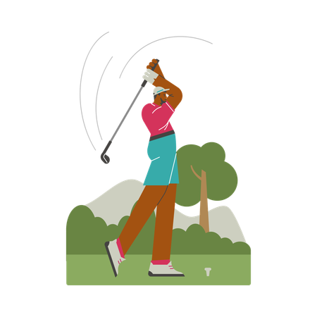 Sportsman hitting golf ball with club on natural landscape  Illustration