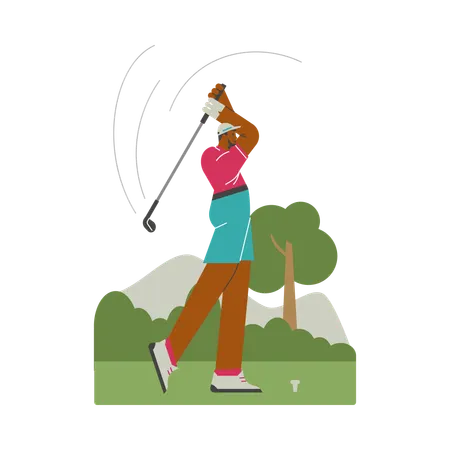 Sportsman hitting golf ball with club on natural landscape  Illustration