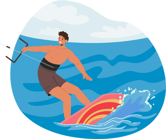 Sportsman Kite Surfing On Ocean Waves  Illustration