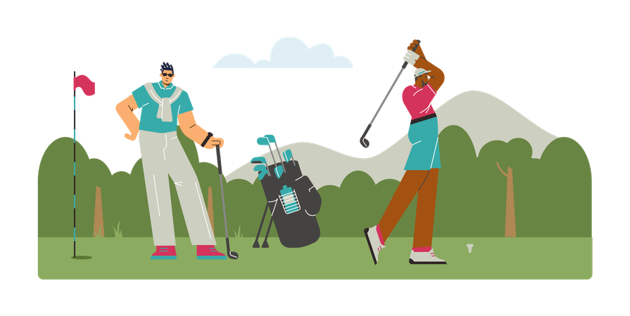 Sportsmen with equipment playing golf  Illustration