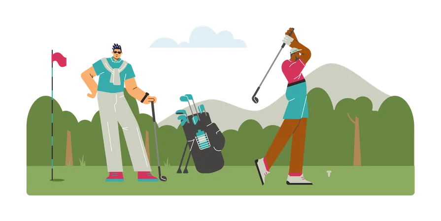 Sportsmen with equipment playing golf  Illustration