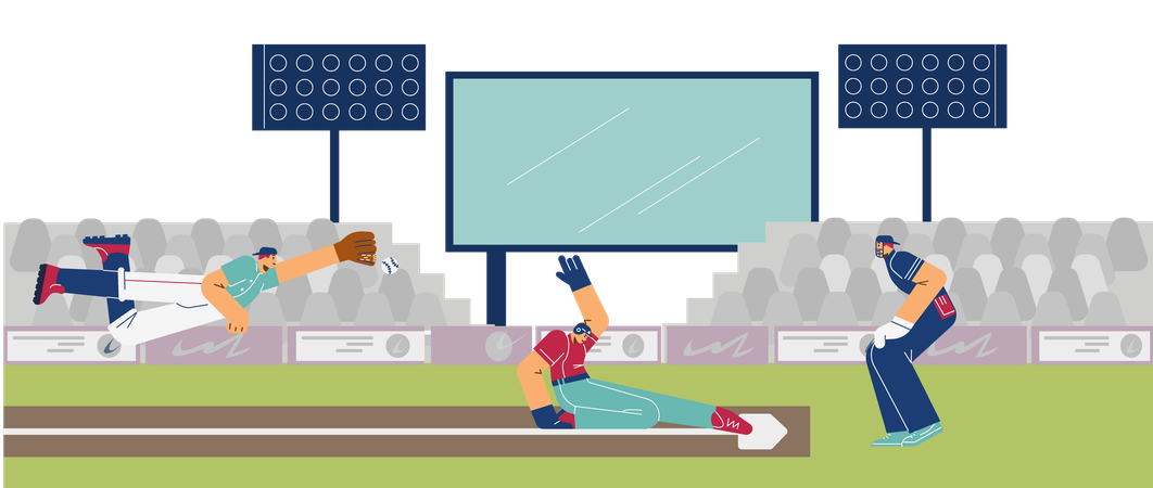 Sportstadionfeld mit Baseballspielern, die Bälle fangen  Illustration