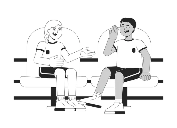 Sportswear diverse kids talking at stadium seats  Illustration