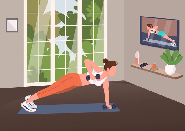 Working Out At Home Flat Color Vector Illustration Sportswoman Doing Push Ups With Dumbbells 2 D Cartoon Character With Living Room On Background Indoor Training Domestic Bodybuilding Exercise Illustration