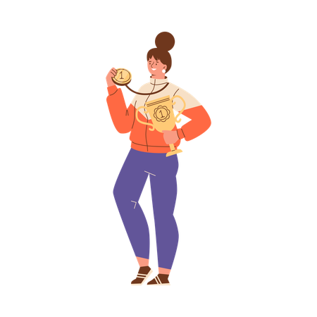 Sportswoman took first place in competition holding golden cup and medal  Illustration