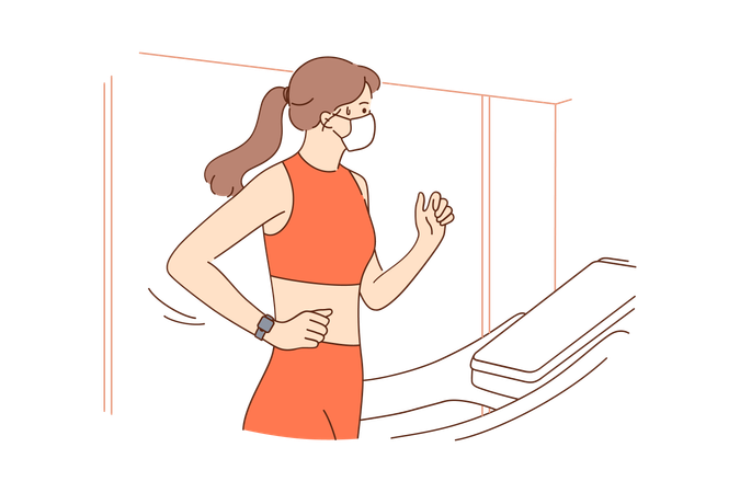 Sportswoman training on treadmill in gym wearing protective medical face mask to protect against covid-19 virus outbreak  イラスト
