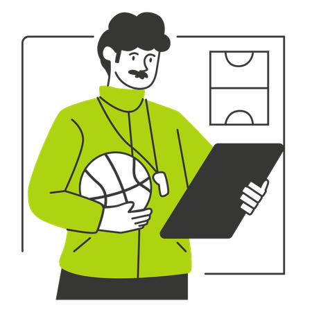 Sporttrainer hält Basketball und Klemmbrett für Strategie  Illustration