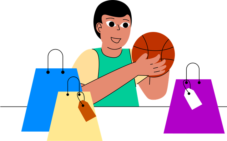 Sporty shopper carries a basketball along with shopping bags,  イラスト