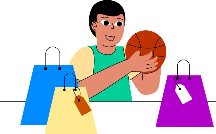 Sporty shopper carries a basketball along with shopping bags,  Illustration