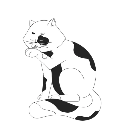 Spotted Cat Licking Itself Black And White 2 D Line Cartoon Character Eyes Closed Kitty Tongue Out Single Animal Pet Isolated Vector Outline Animal Pedigreed Monochromatic Flat Spot Illustration Illustration