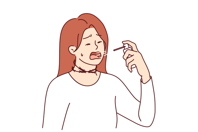 Spray para tosse é usado por mulheres para curar infecções e matar vírus na boca após contrair gripe  Ilustração