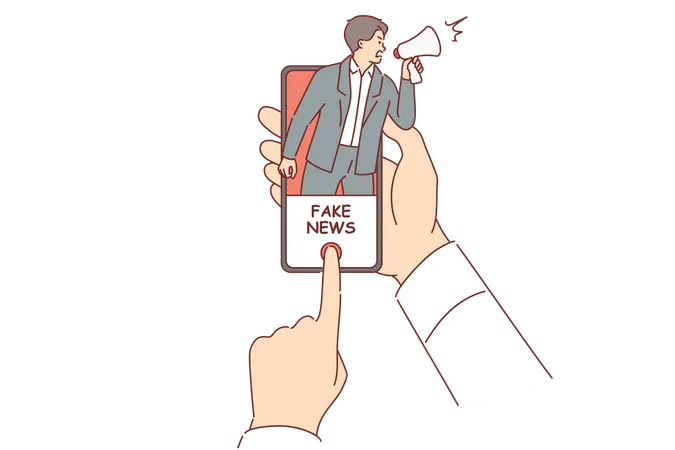 Spreading fake news and propaganda in mobile applications inside phone in hands of person  Illustration