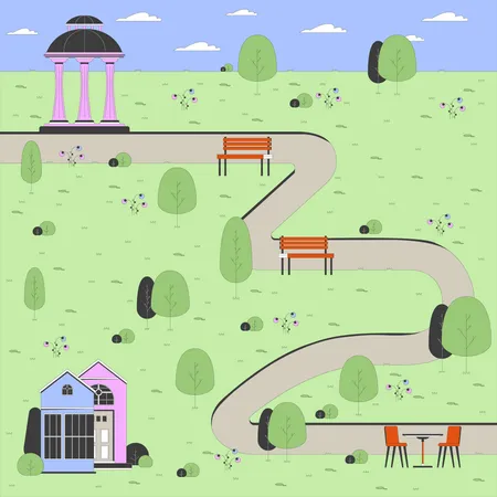 Spring City Park Cartoon Flat Illustration Comfortable Place To Rest On Nature At Urban Area 2 D Line Landscape Colorful Background Public Garden Waiting For Guests Scene Vector Storytelling Image Illustration
