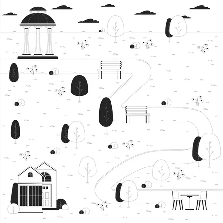 Spring City Park Black And White Line Illustration Comfortable Place To Rest On Nature At Urban Area 2 D Landscape Monochrome Background Public Garden Waiting For Guests Outline Scene Vector Image Illustration