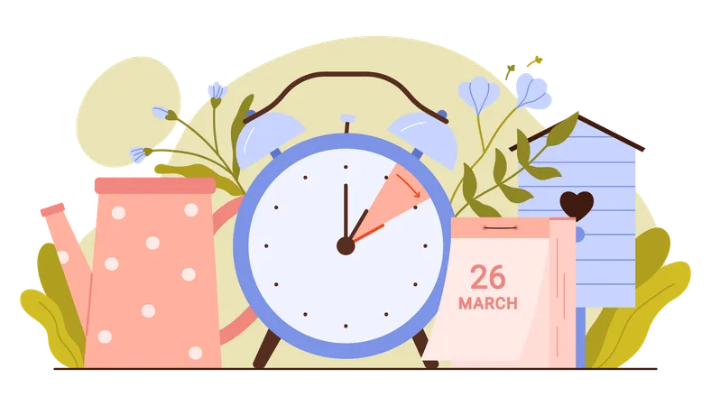 Spring Forward 2024 Daylight Saving Time Begins Vector Illustration Cartoon Alarm Clock And Spring Garden Flowers Beehive And Watering Can Vintage Reminder Calendar To Change Clock Ahead Hour Illustration