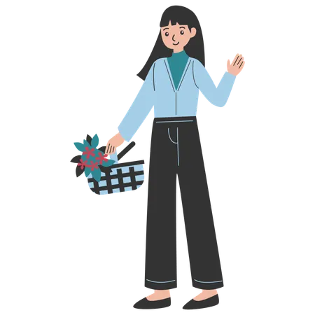 Spring girl holding flower basket  Illustration