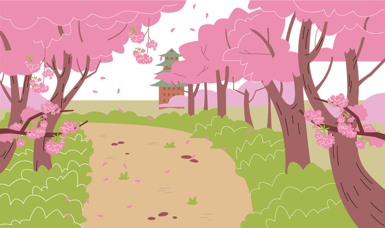 Spring Japanese garden  Illustration