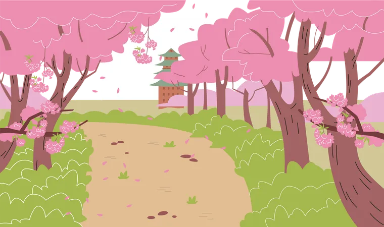 Spring Japanese garden  Illustration