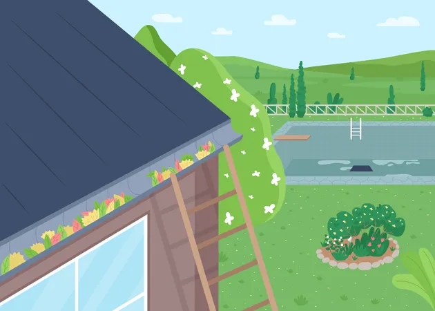 Spring roof cleaning from leaves  Illustration