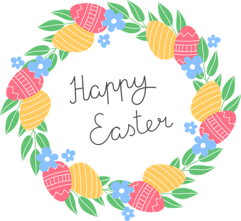 Spring Wreath Of Easter Eggs And Colorful Flowers  Illustration
