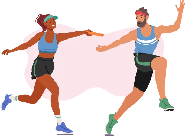 Sprinters Male And Female Characters Pass Baton In Thrilling Relay Race Exhibiting Speed Precision And Teamwork Each Athlete Contributes A Burst Of Energy Cartoon People Vector Illustration Illustration