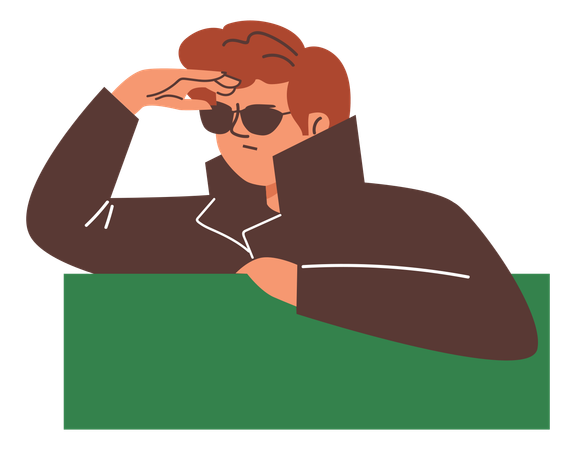 Spy man peeking out from behind a rectangular green shape  Illustration