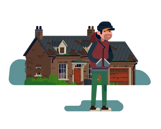 Squatter character standing in front of abandoned suburban house with garage Illustration