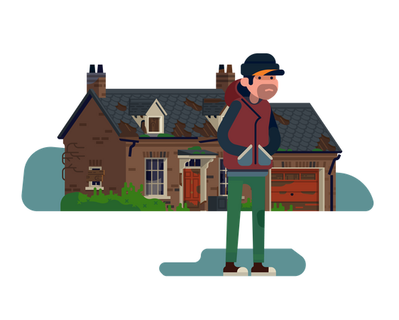 Squatter character standing in front of abandoned suburban house with garage  Illustration