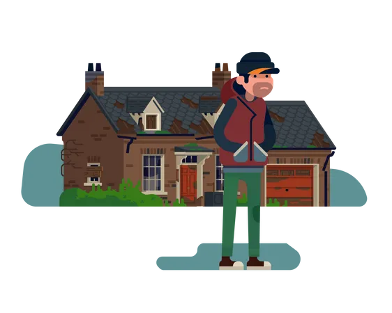 Squatter character standing in front of abandoned suburban house with garage  Illustration